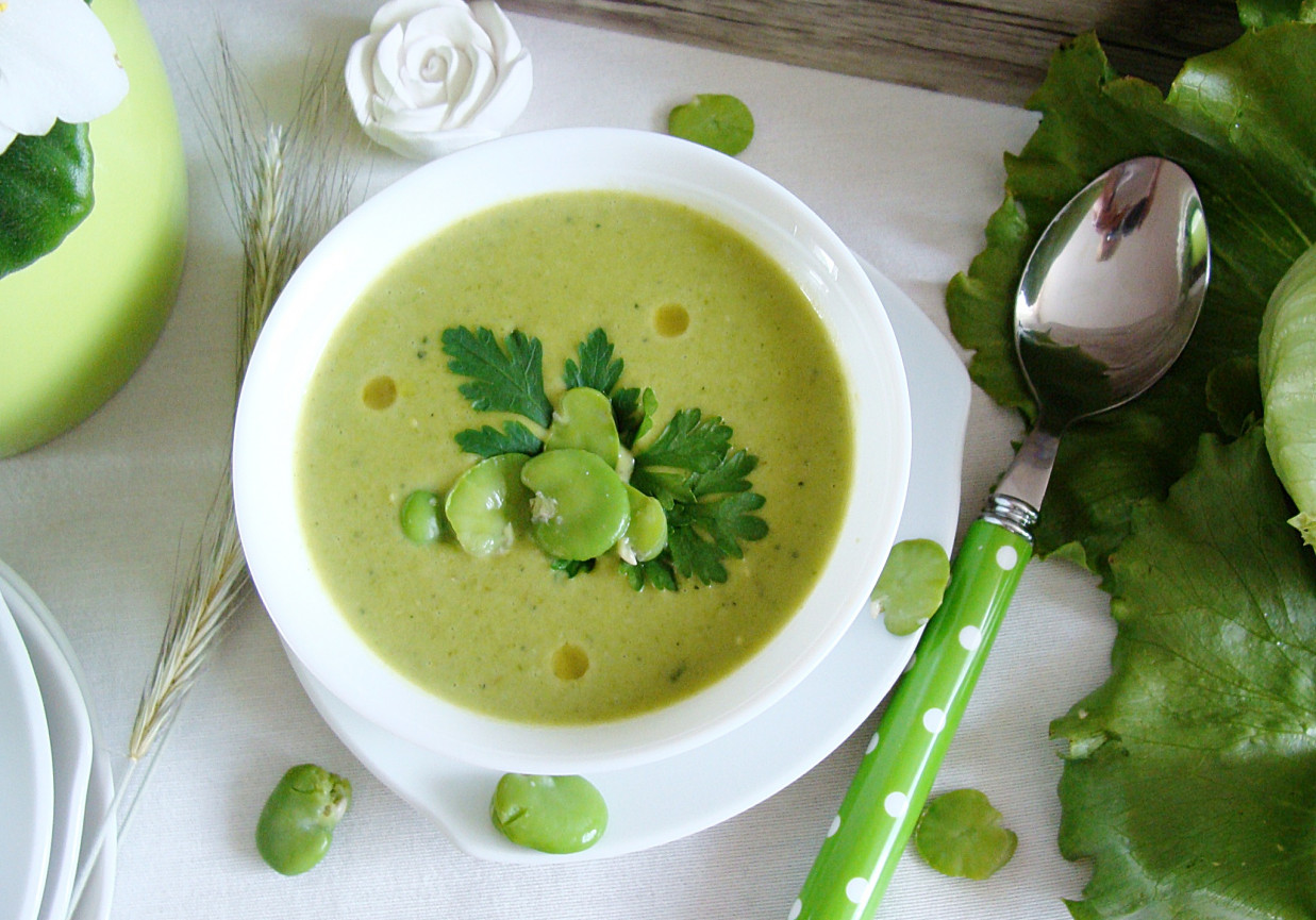Aksamitna zupa z bobu, sałaty i fasolki szparagowej foto