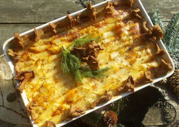 Fotografia przedstawiająca Aromatyczna zapiekanka makaronowa w sosie serowym z kurkami
