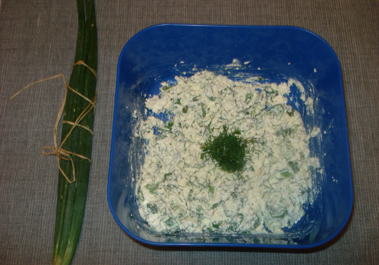 Biały ser z zielonymi dodatkami foto
