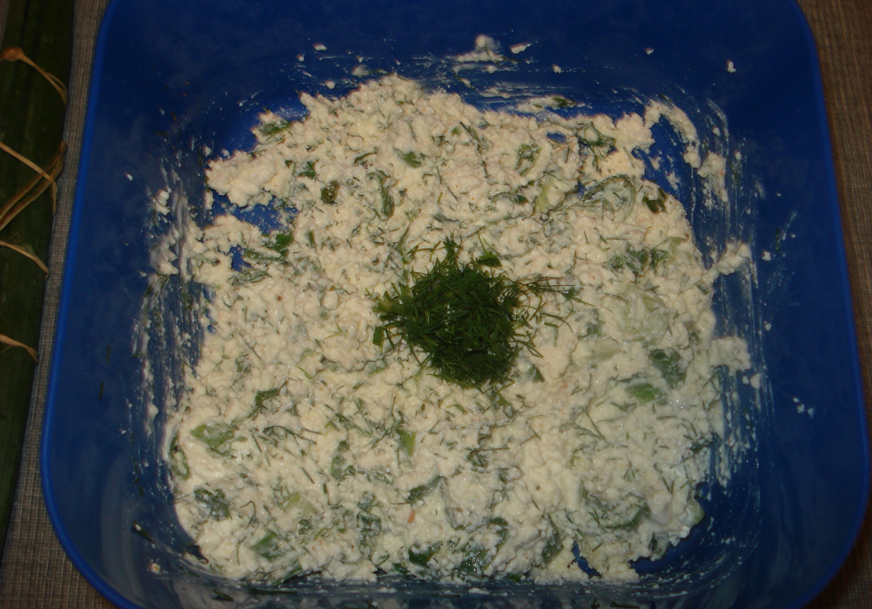 Biały ser z zielonymi dodatkami foto