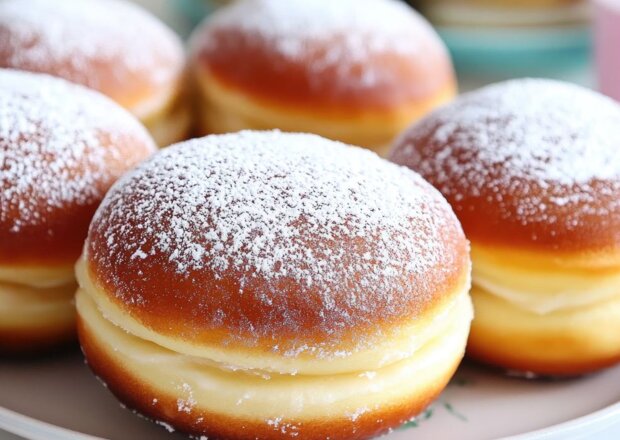Fotografia przedstawiająca Bomboloni - włoskie pączki z kremem patissiere, wersja pieczona