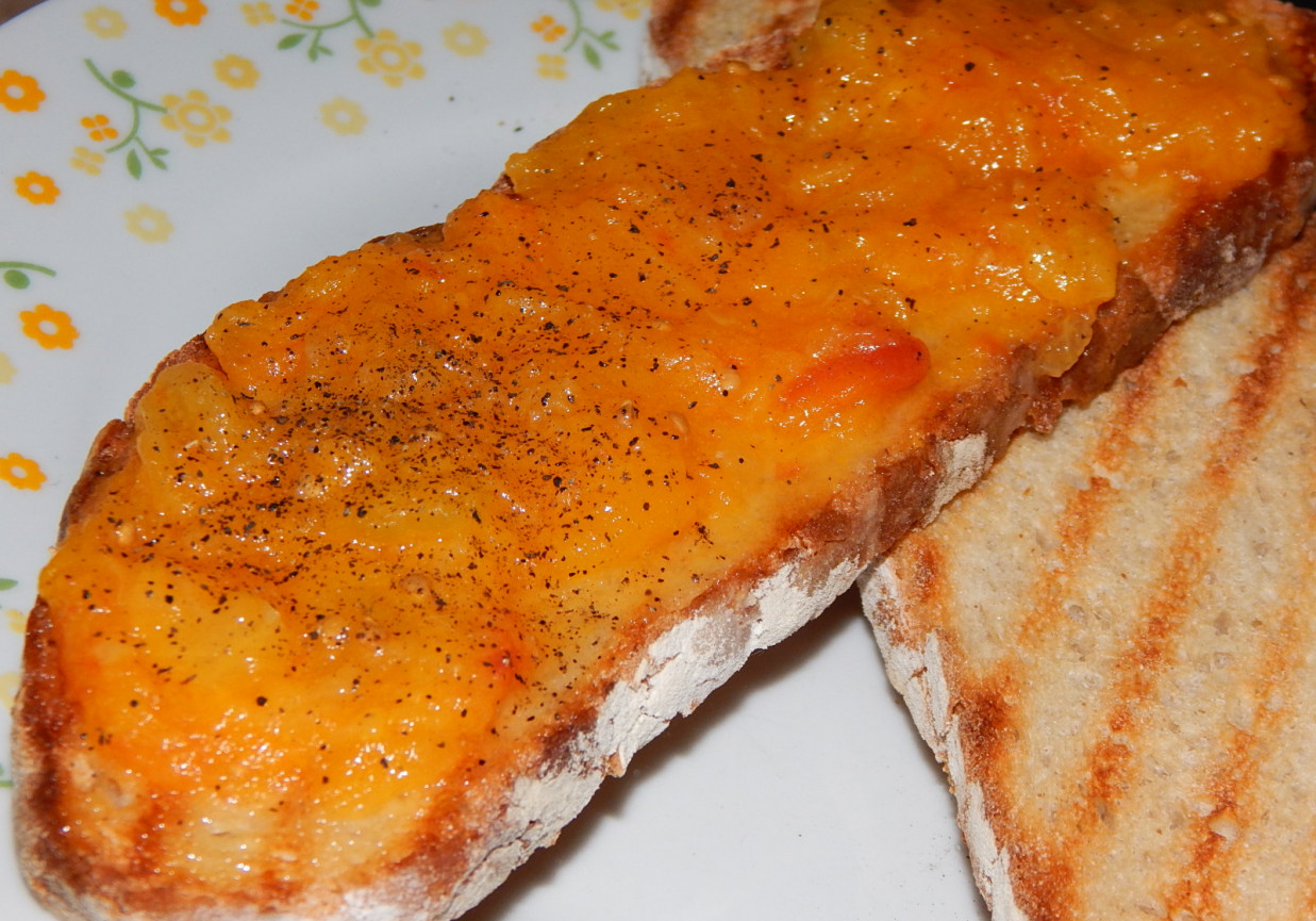 Bruschetta pomidorowo-paprykowa na chlebie zakwasowym foto