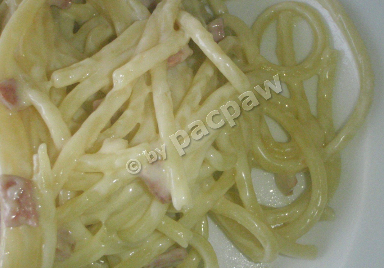 Bucatini z sosem serowym i salami foto