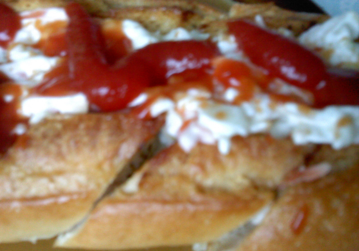 Bułka czosnkowa z sałatką i ketchupem foto