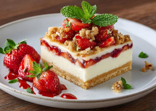 Fotografia przedstawiająca Ciasto bez pieczenia z truskawkami i galaretką