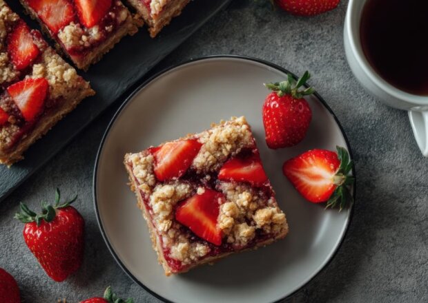 Fotografia przedstawiająca Ciasto drożdżowe z mrożonymi truskawkami z kruszonką