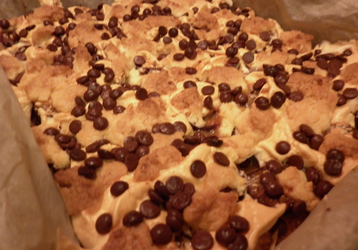 Ciasto kruche ze śliwkami pod czekoladowymi kropelkami. foto