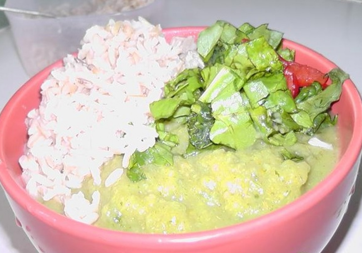 Gęsty krem brokułowy z ryżem i sałatką foto