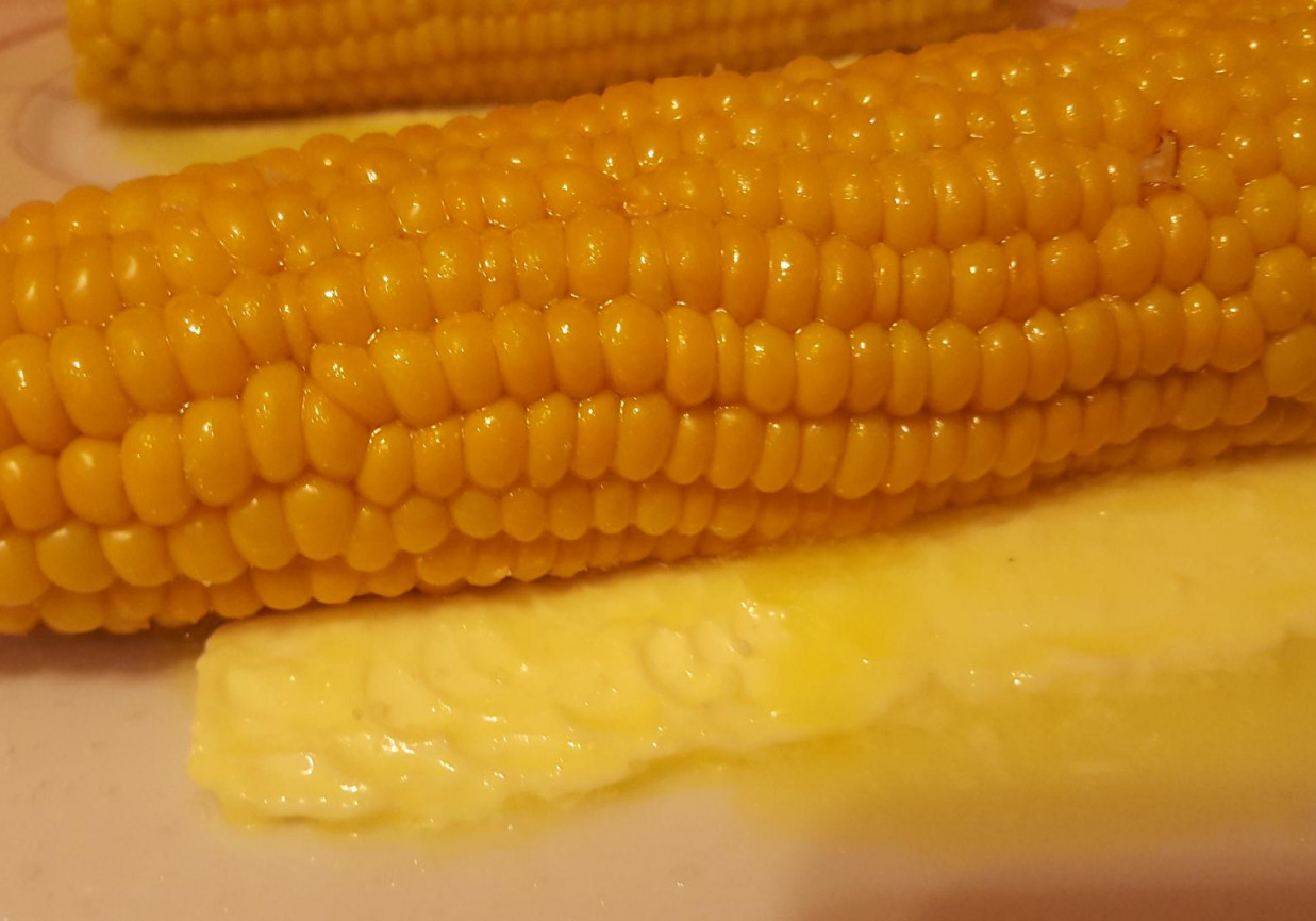 Gotowana kukurydza cukrowa z masłem i solą foto