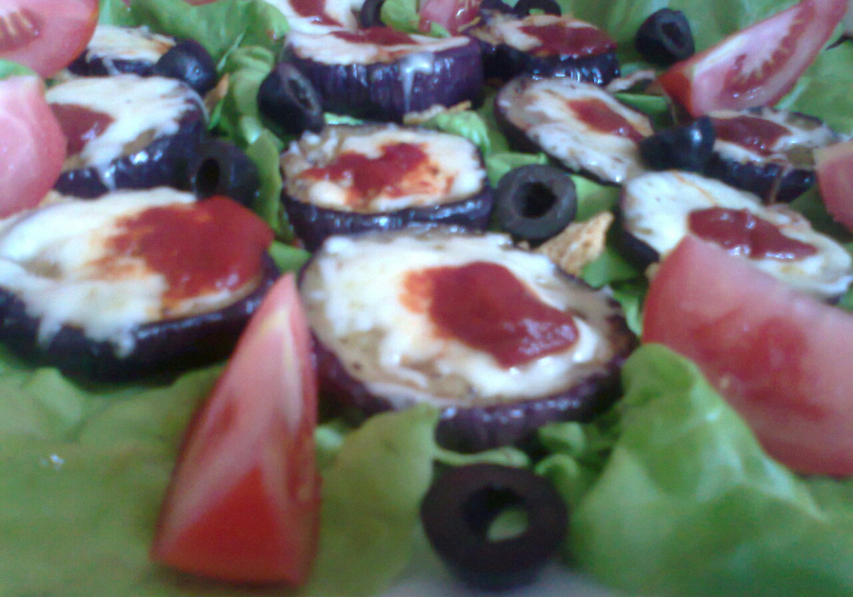 Grillowane bakłażany z serem greckim, keczupem i oliwkami foto