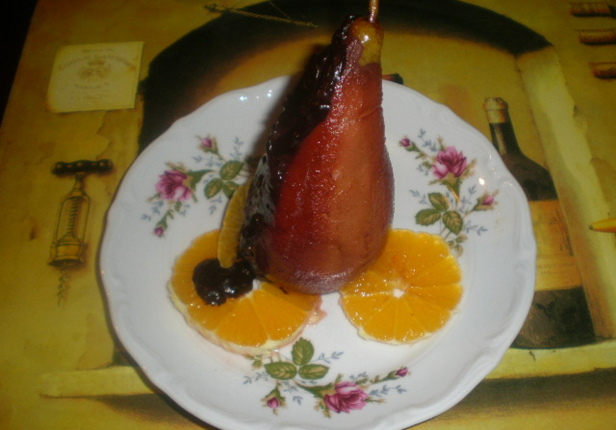 Gruszka na gorąca z pomarańczami i polewą czekoladową foto