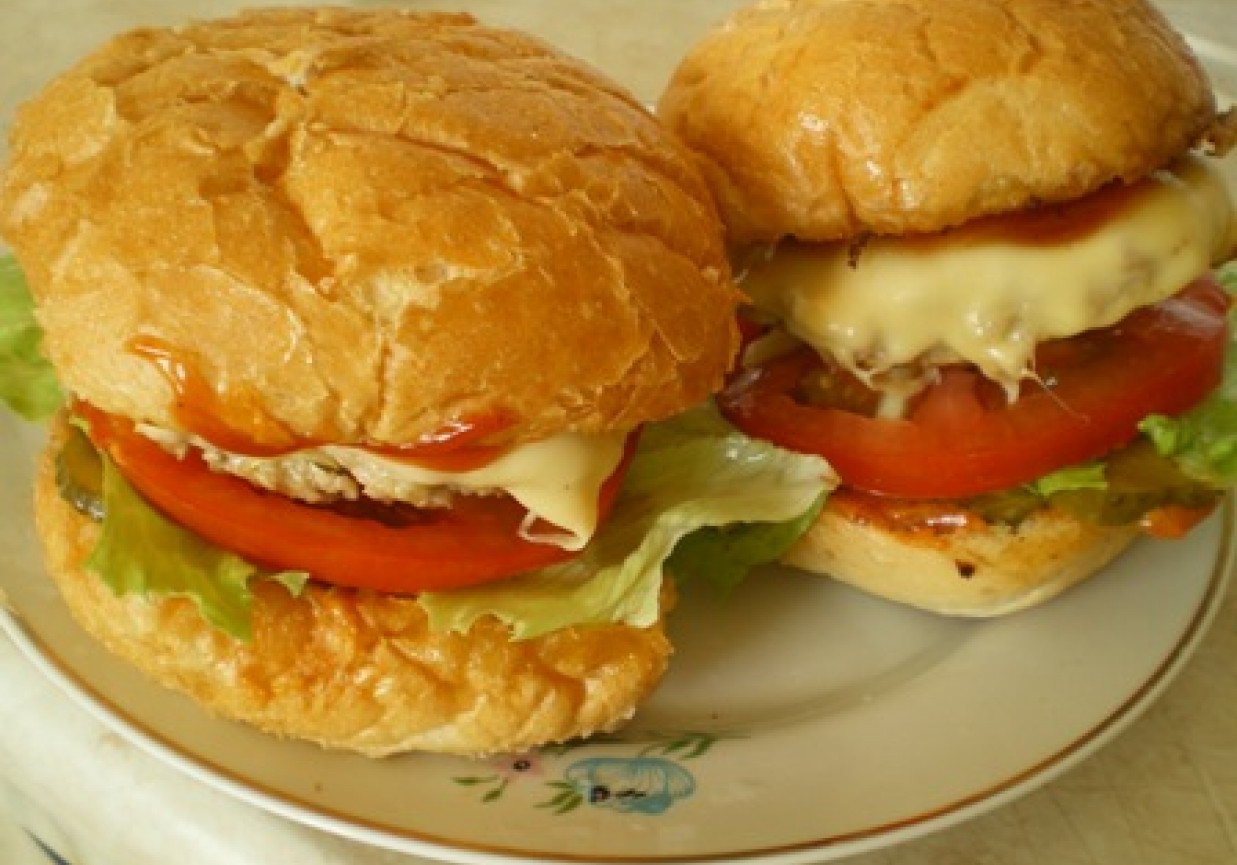 Hamburger z serem, pomidorem i ogórkiem kiszonym foto