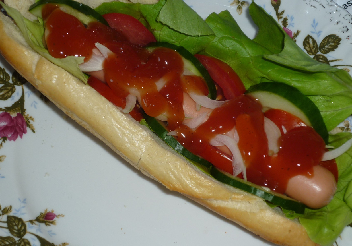 Hot dogi z sałatą, pomidorem i ogórkiem  foto