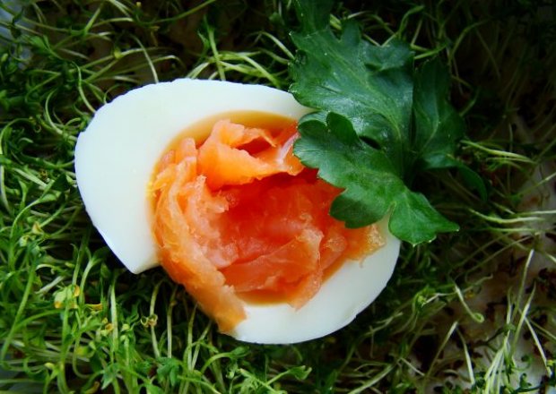 Fotografia przedstawiająca jajka nadziewane wędzonym łososiem