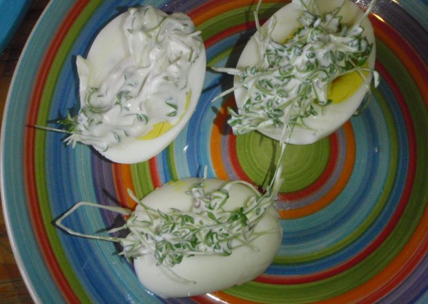 Fotografia przedstawiająca jajka w majonezie z rzeżuchą