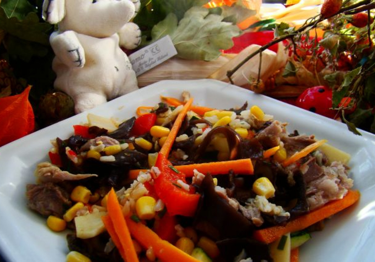 Kaczka z grzybami mun i warzywami z woka foto