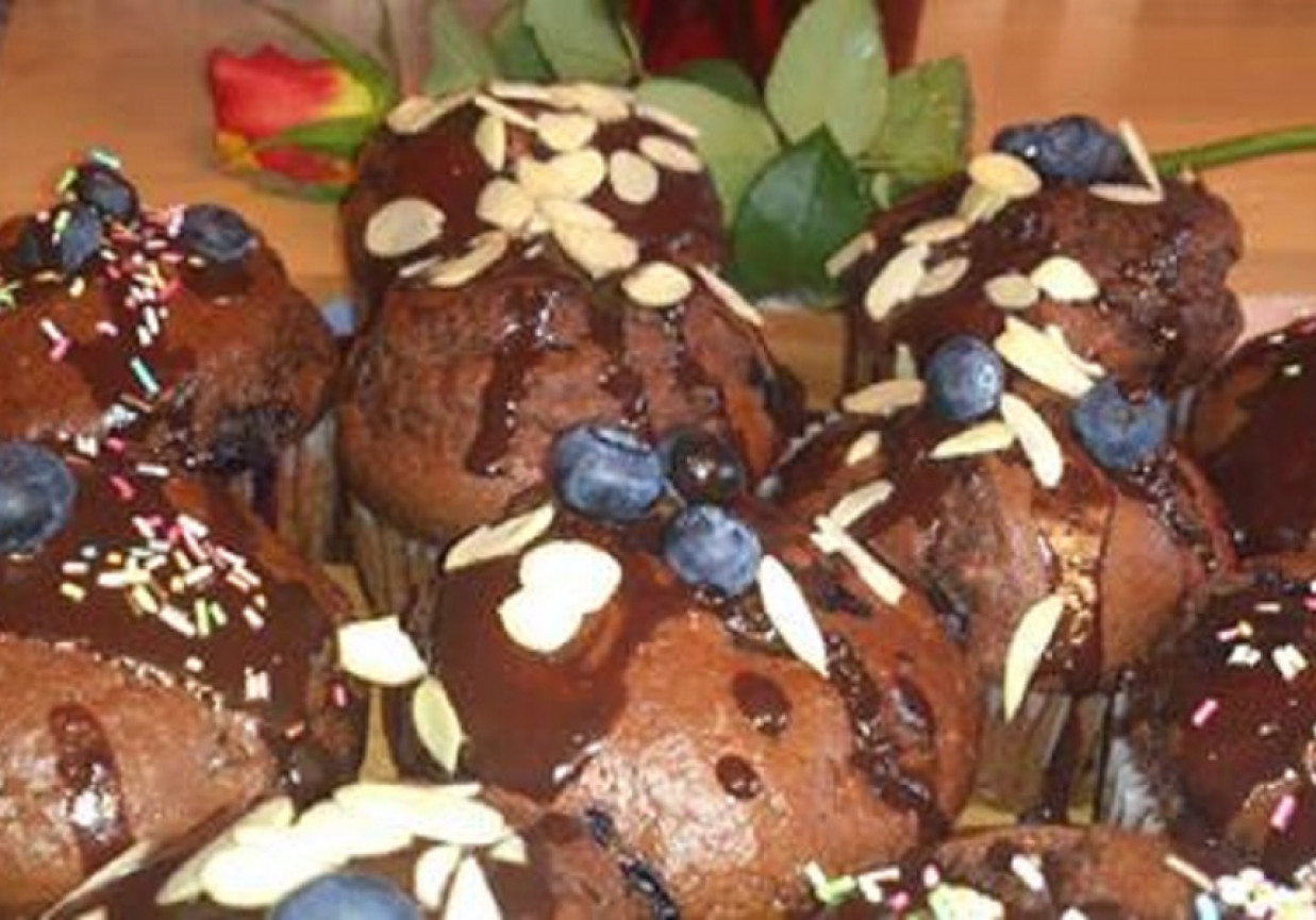 Kakaowe muffiny z czekoladą i borówkami. foto