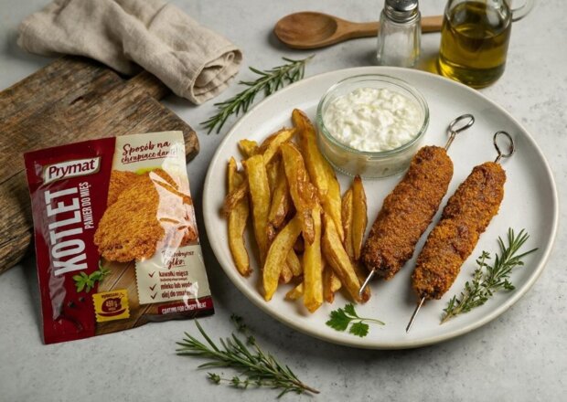 Fotografia przedstawiająca Kofta w panierce z tzatzikami i frytkami z air fryera