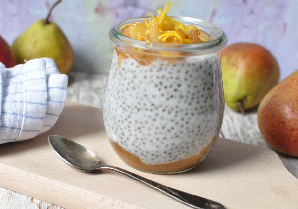 Kokosowa chia z musem z karmelizowanych gruszek i jabłek foto