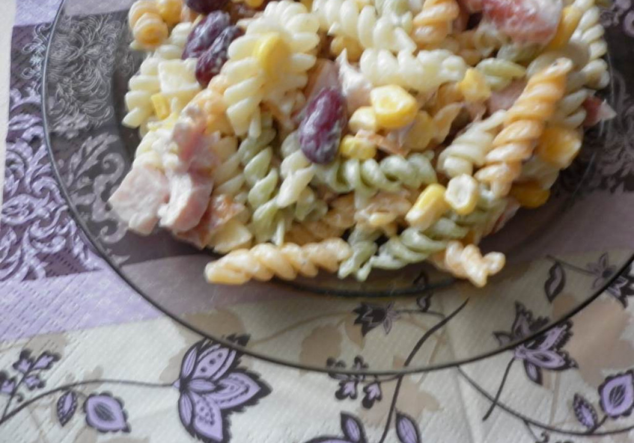 Kolorowa makaronowa sałatka z wędzonym serem i kurczakiem. foto