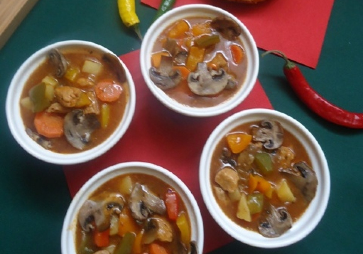 Kolorowa zupa gulaszowa z pieczarkami i chili foto