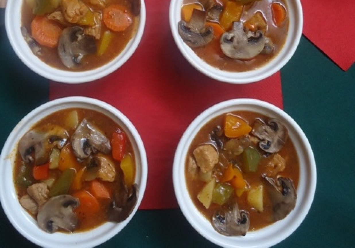 Kolorowa zupa gulaszowa z pieczarkami i chili foto