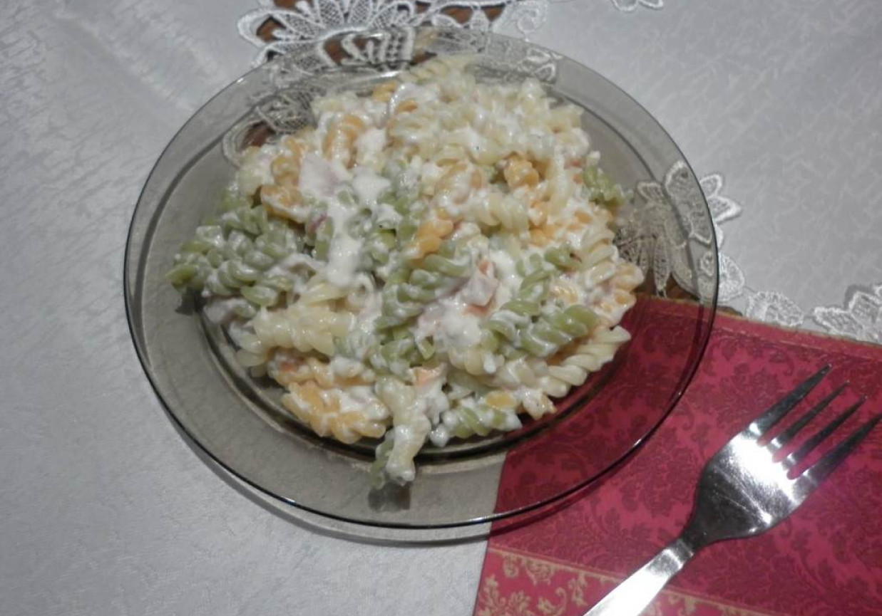 Kolorowy makaron z wędzonym pstrągiem w śmietanowym sosie z mozarellą. foto