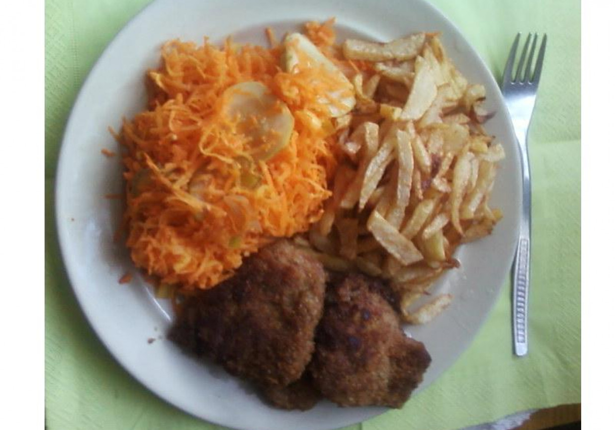 Kotlet sojowy z frytkami i surówką foto