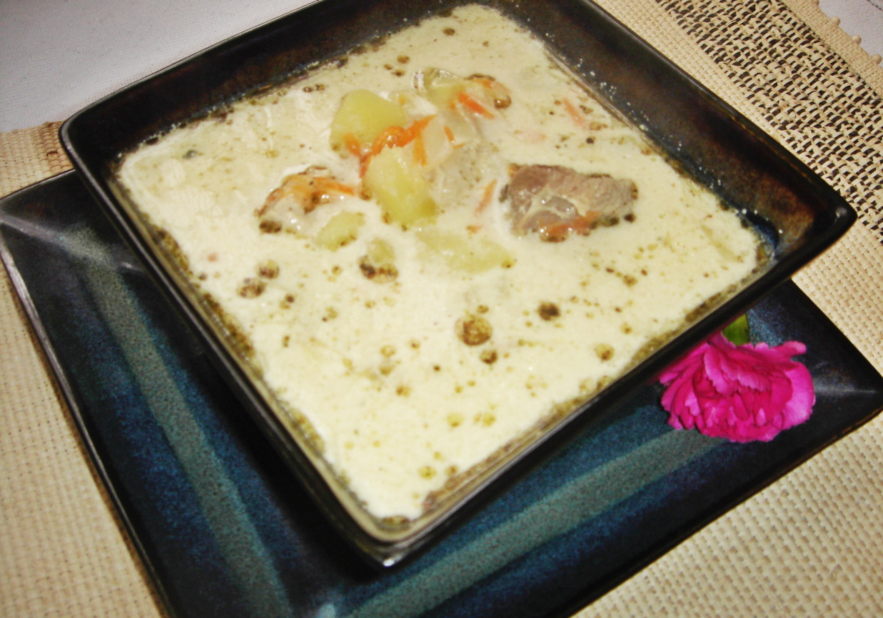 Kremowa zupa ziemniaczana z mięsem i smażoną cebulką foto