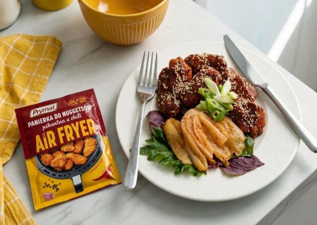 Fotografia przedstawiająca Kurczak KFC (Korean Fried Chicken) w pikantnej glazurze z kimchi