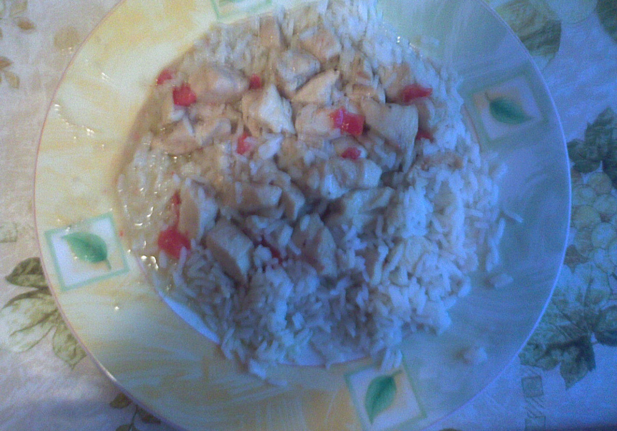 Kurczak z mleczkiem kokosowym i zieloną pastą curry i ryżem foto