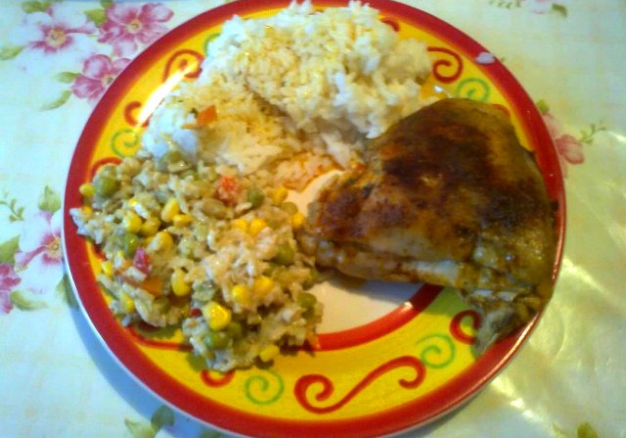Kurczak z ryżem i sałatką ryżową foto