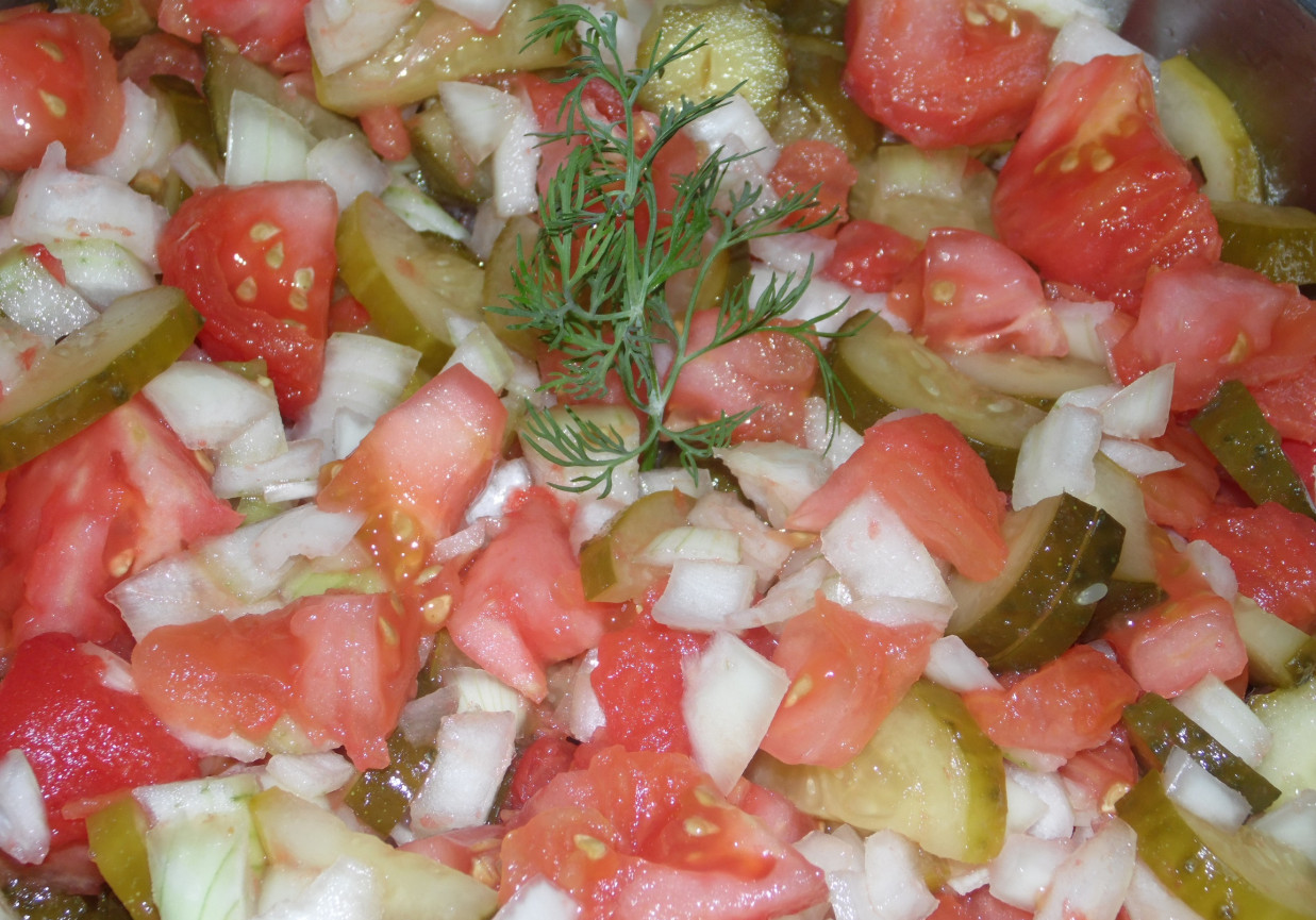 Letnia sałatka z pomidorów, cebuli i ogórków kiszonych foto
