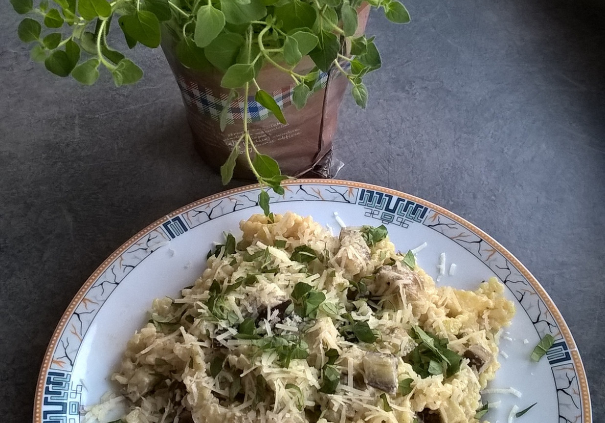 Makaron z bakłażanem, serkiem topionym i świeżym oregano foto
