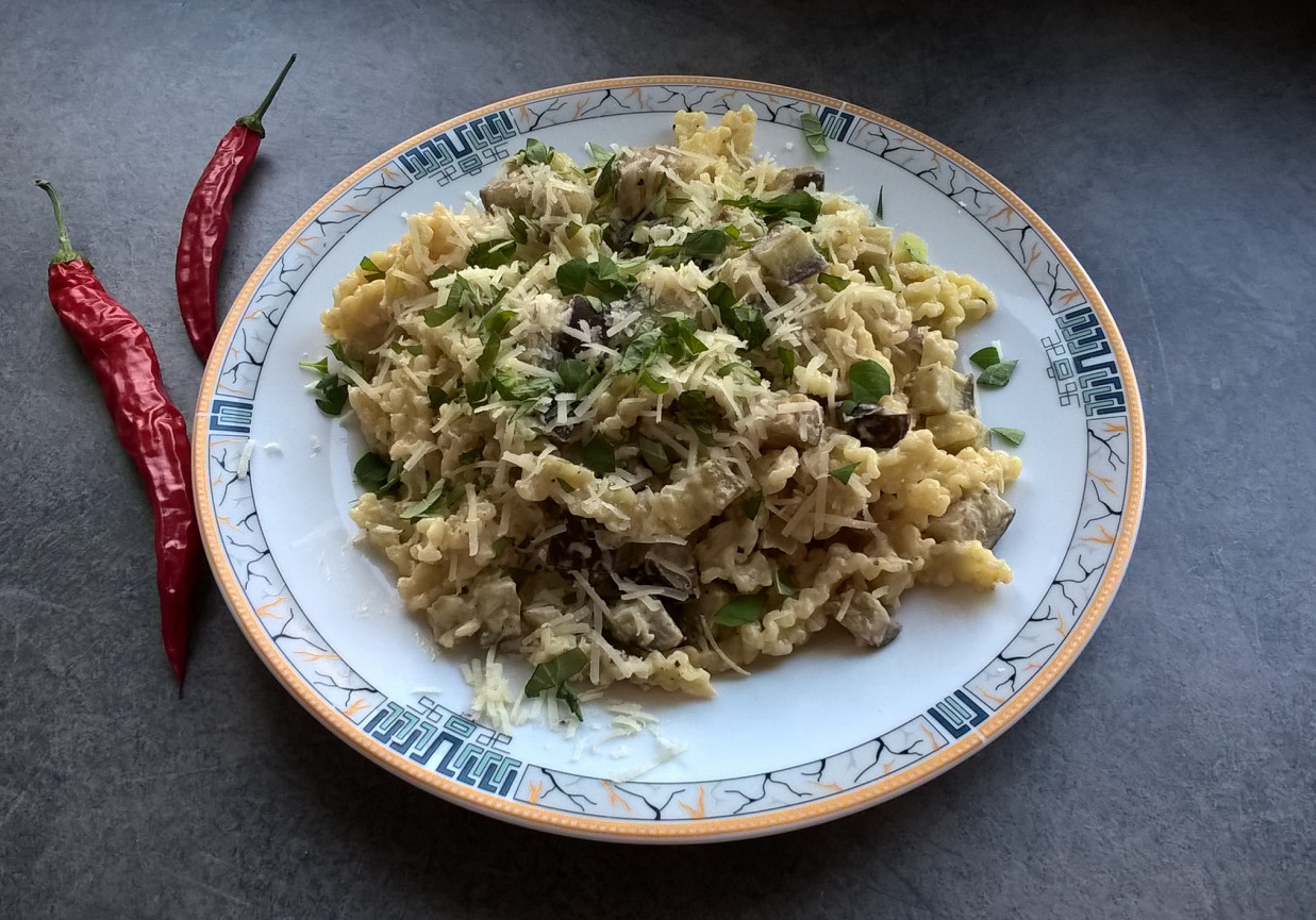 Makaron z bakłażanem, serkiem topionym i świeżym oregano foto