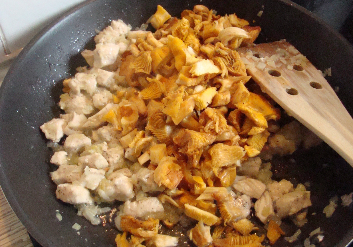Makaron z kurkami i kurczakiem w sosie śmietanowym foto