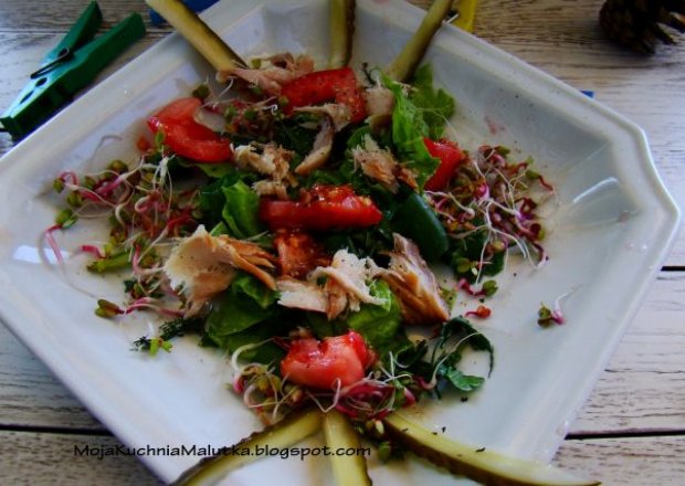 Fotografia przedstawiająca Mix sałat z makrelą i kiełkami