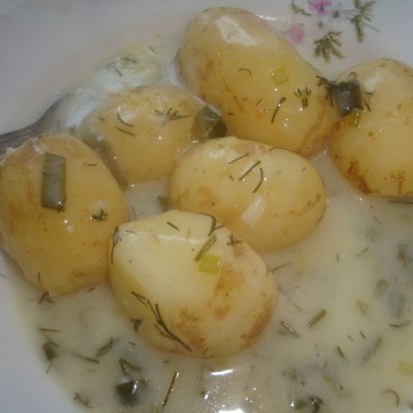 Krok 13 - Młode ziemniaki z sosem z młodej cebuli, szczypiorku i kopru foto