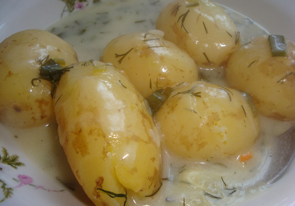 Młode ziemniaki z sosem z młodej cebuli, szczypiorku i kopru foto