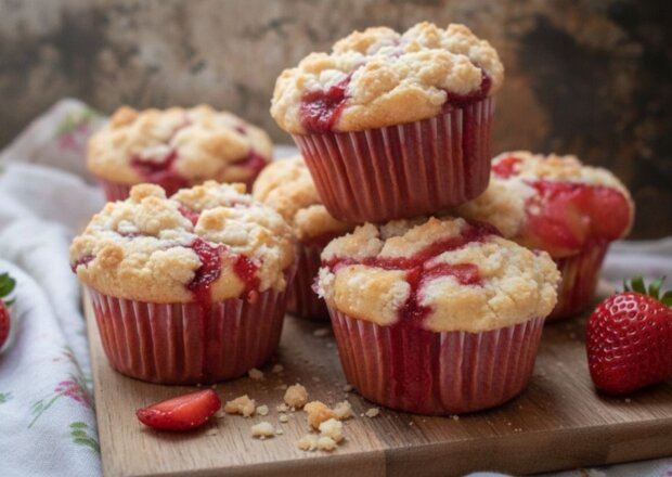 Fotografia przedstawiająca Muffiny z truskawkami i z kruszonką