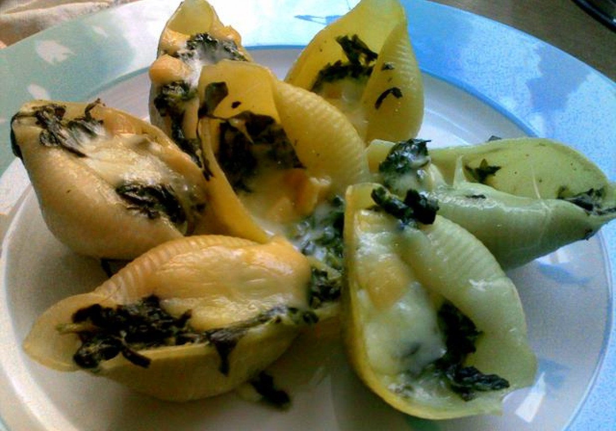 Muszle conchiglioni ze szpinakiem i trzema serami foto