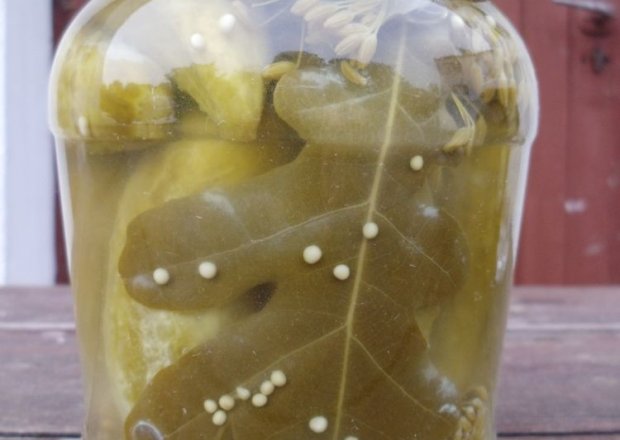Fotografia przedstawiająca Ogórki kiszone z liściem dębu