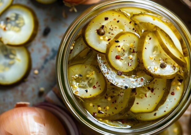 Fotografia przedstawiająca Ogórki z cebulą i liśćmi selera w zalewie z przyprawą do grilla