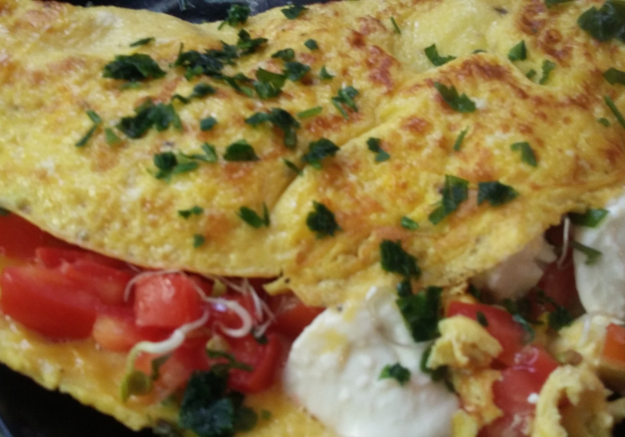Omlet z serem mozzarella, pomidorami i kiełkami foto