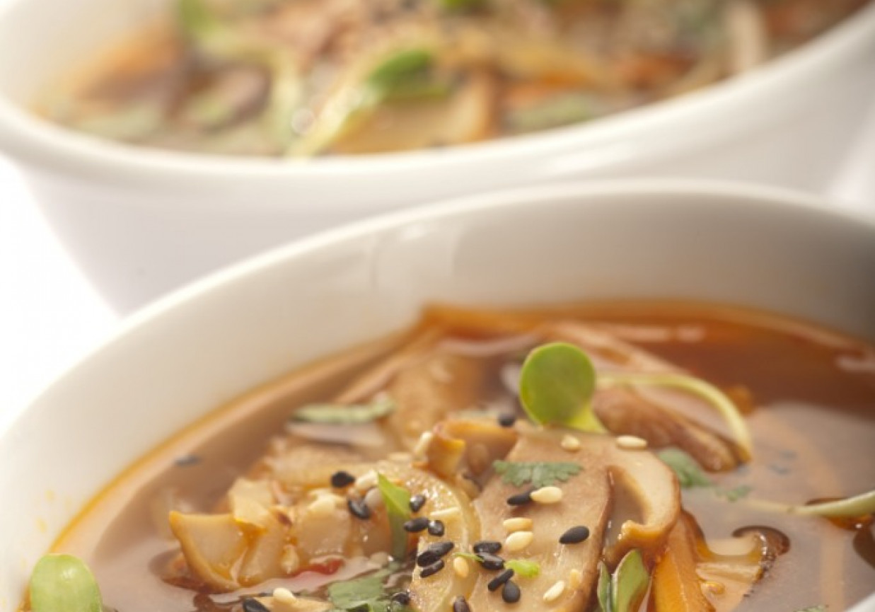 Orientalna zupa z grzybów leśnych  ze świeżą kolendrą i ziarnami sezamu Roberta Sowy foto