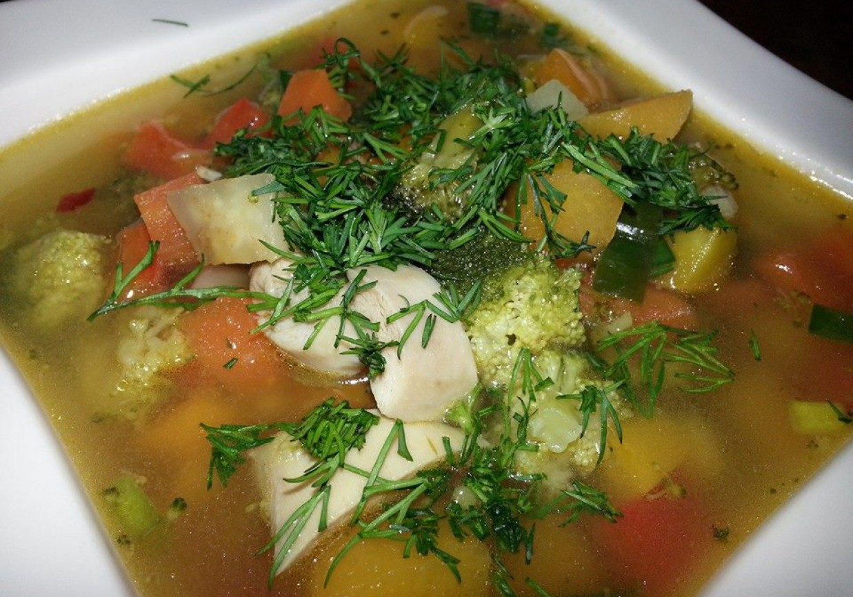Ostra zupa warzywna z rzepą i kurczakiem. foto