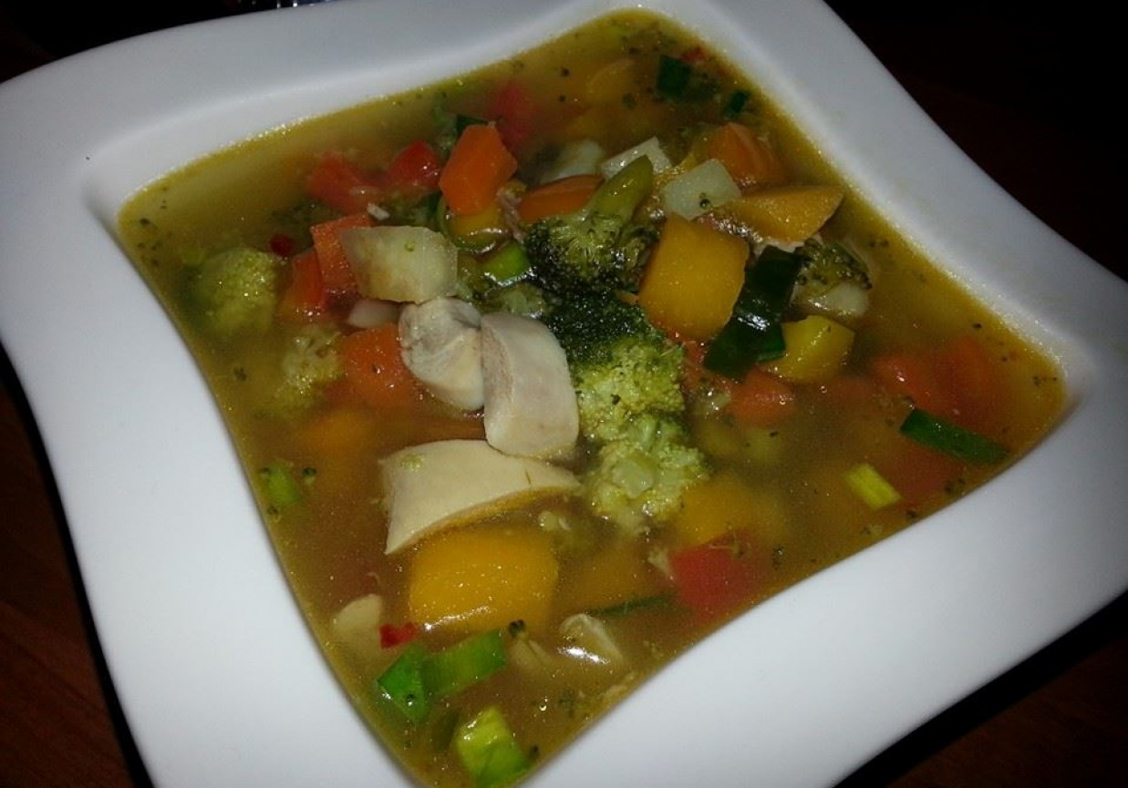 Ostra zupa warzywna z rzepą i kurczakiem. foto