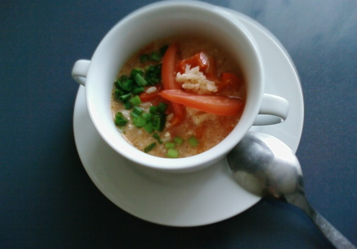 Paprykowo-pomidorowa zupa z ryżem. foto