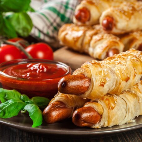 Parówki w cieście francuskim z serem i ketchupem foto