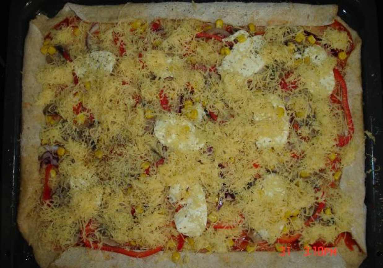 Pełnoziarnista pizza caciatore z mozzarellą - brzegi pełne sera foto